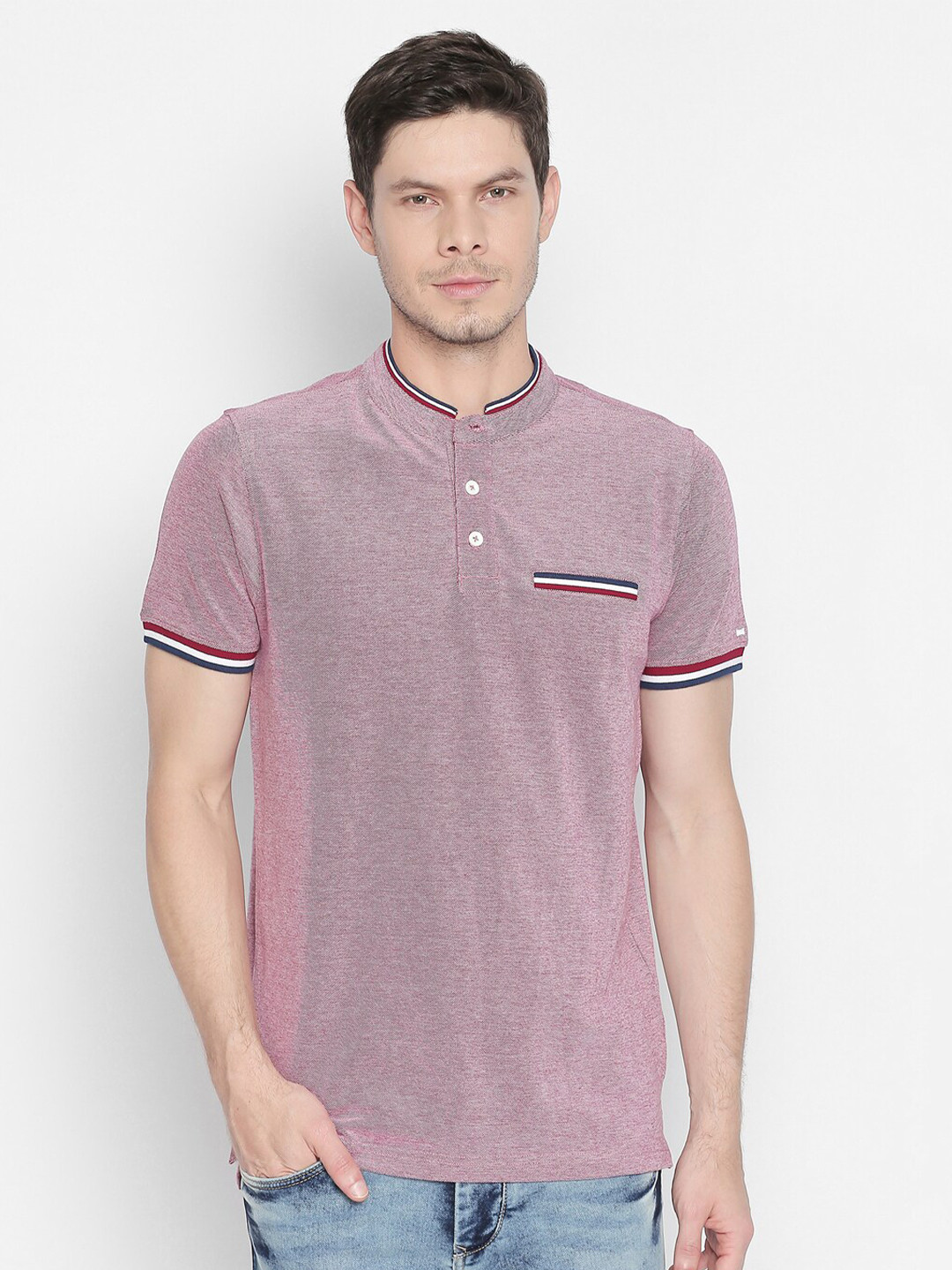 Basics Men Red Mandarin Collar Muscle Fit T-shirt