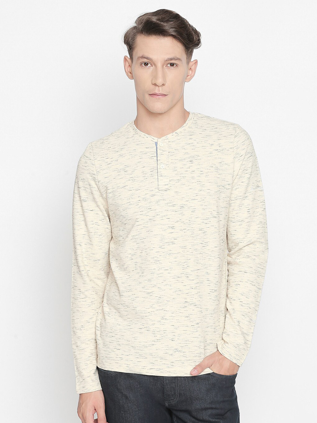 Basics Men Beige Henley Neck Slim Fit T-shirt