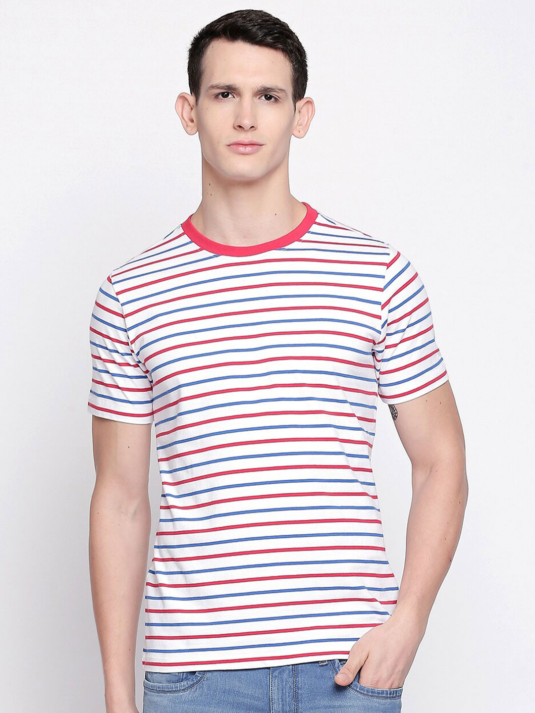 Basics Men White & guyabano Striped Slim Fit T-Shirt