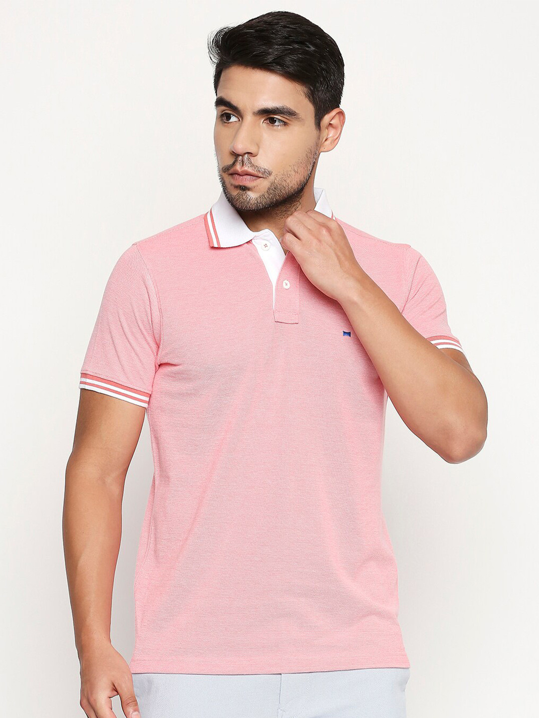 Basics Men Pink & almond blossom V-Neck Slim Fit T-shirt