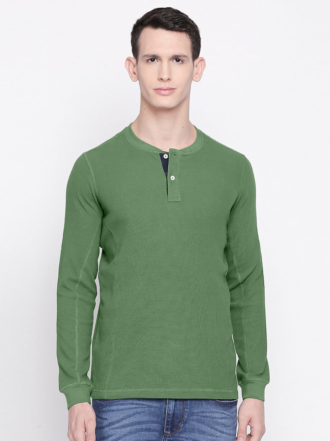 Basics Men Green Henley Neck Slim Fit T-shirt