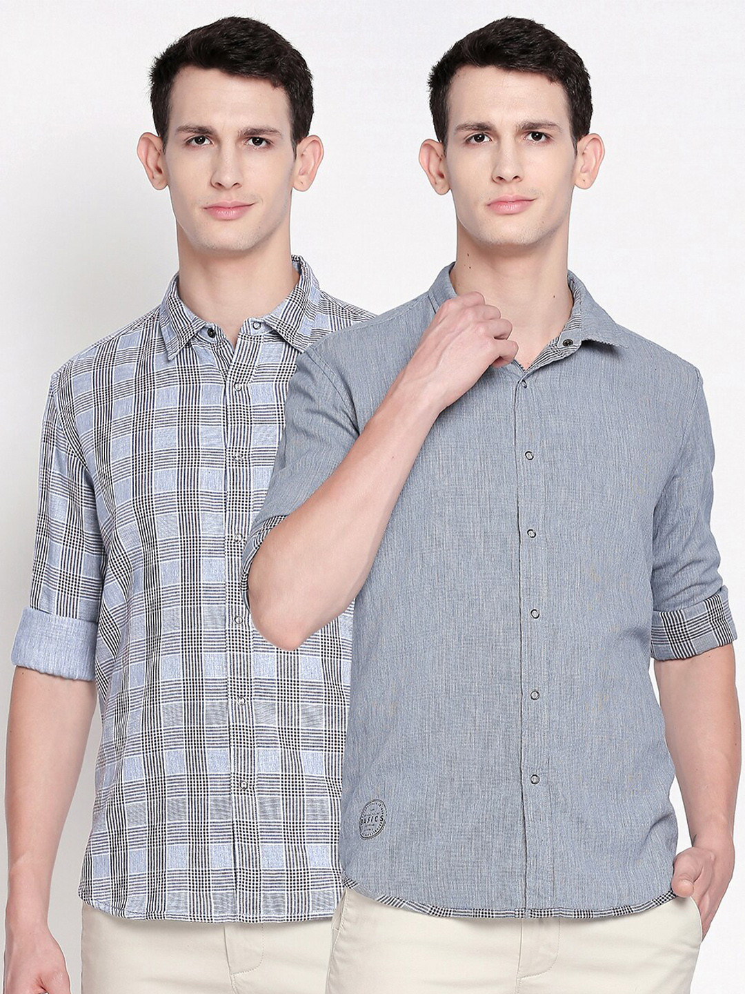 Basics Men Grey Slim Fit Micro Checks Checked Casual Shirt