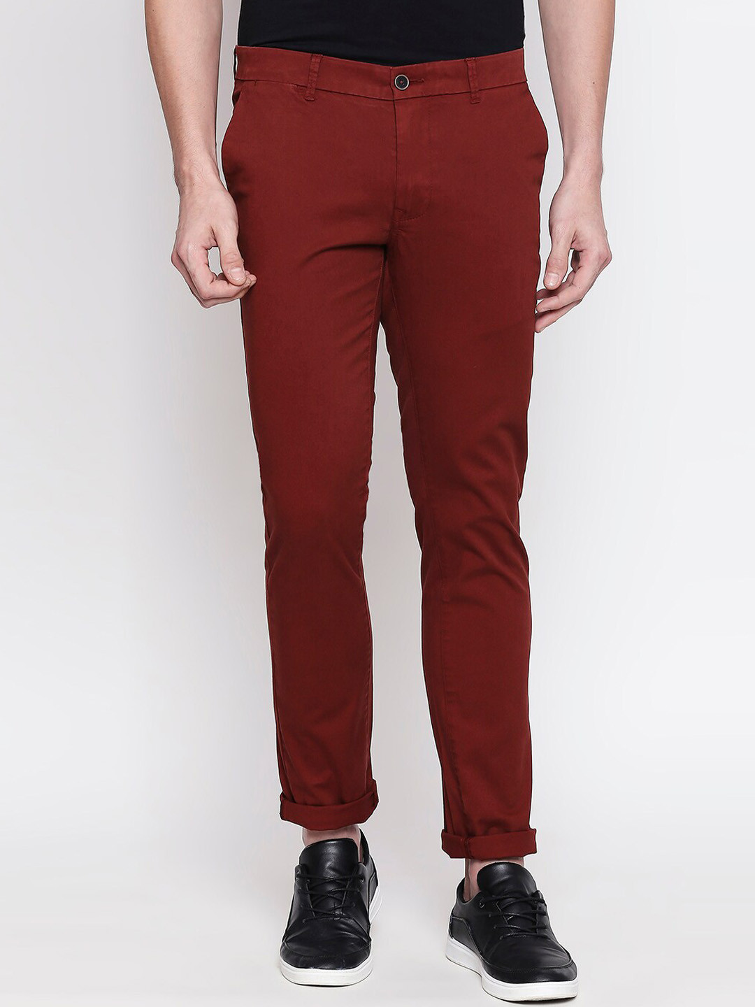 Basics Men Red Tapered Fit High-Rise Chinos Trousers