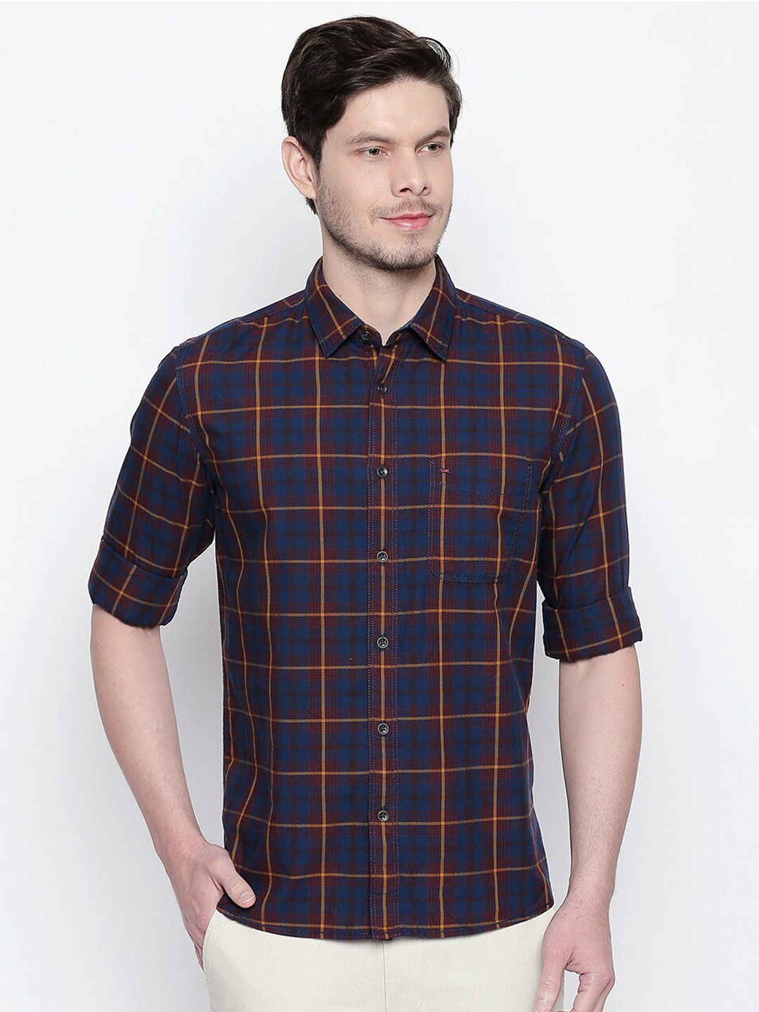 Basics Men Maroon & Blue Slim Fit Tartan Checked Twill Cotton Casual Shirt