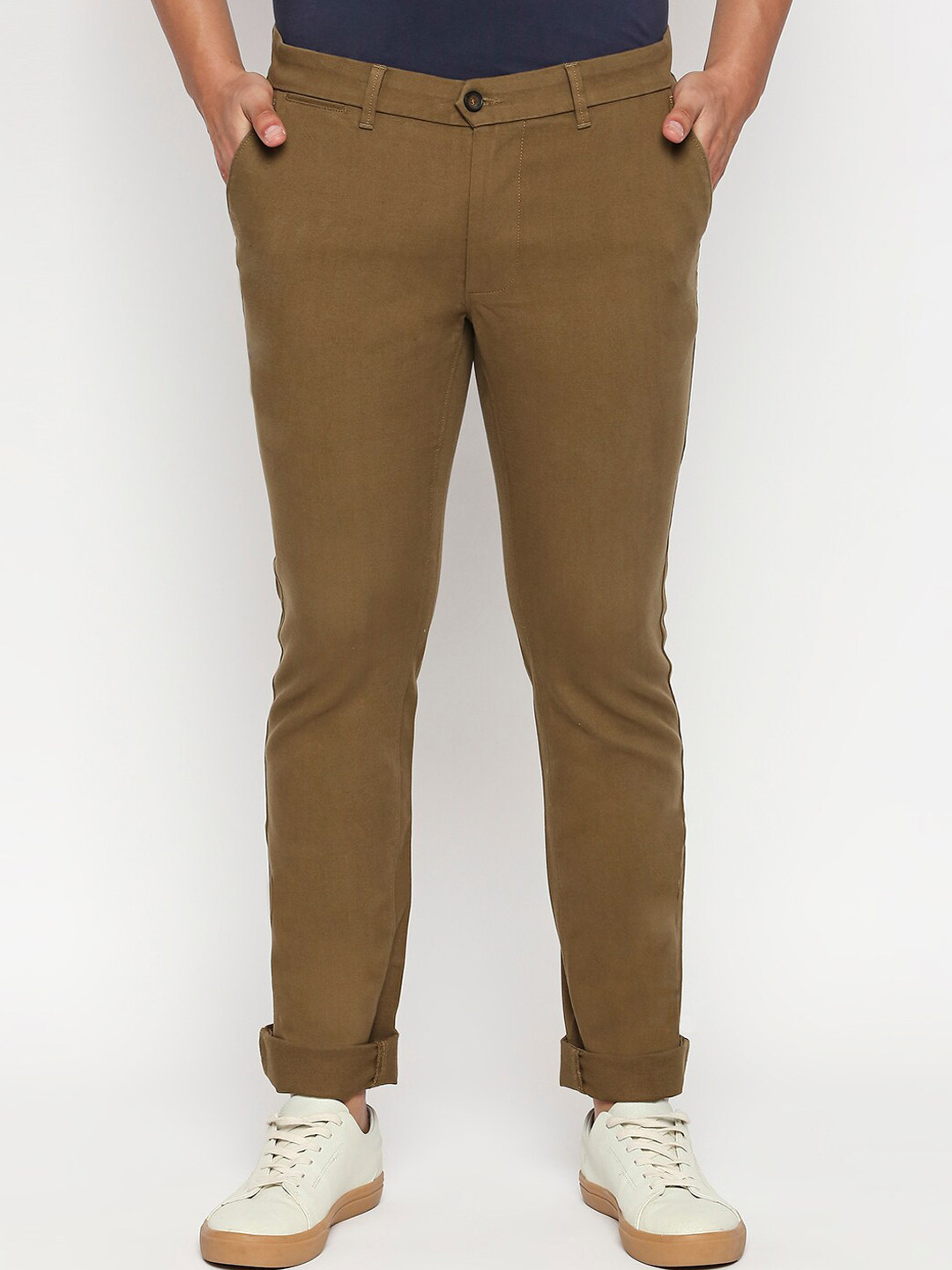 Basics Men Tan Brown Tapered Fit High-Rise Chinos Trousers