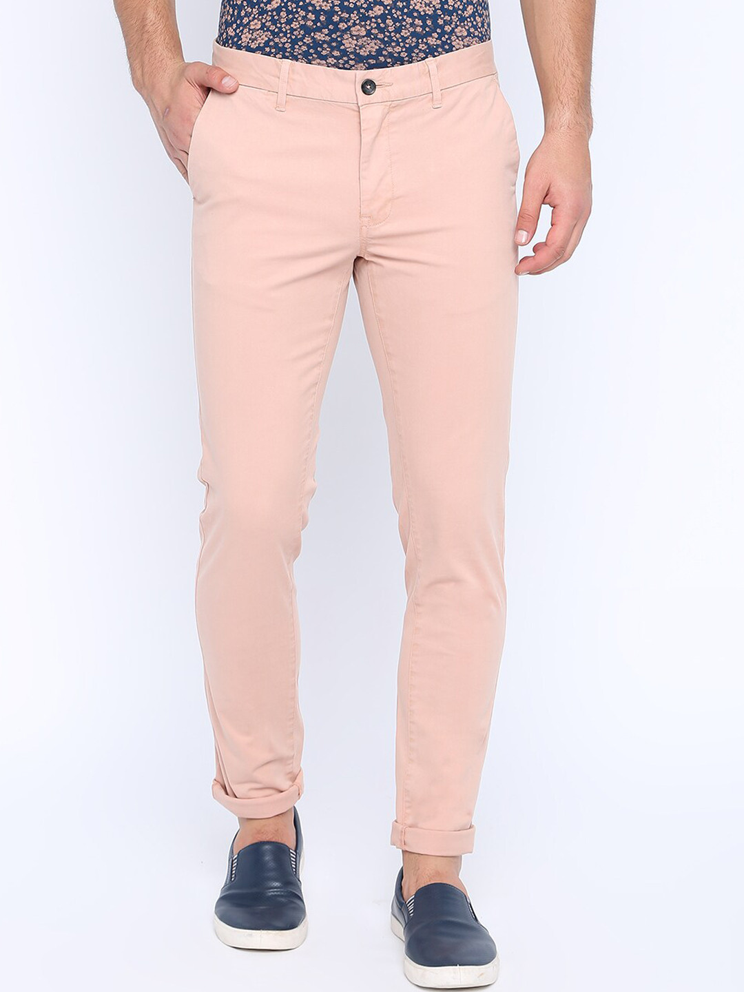 Basics Men Orange Tapered Fit Solid Chinos Trousers