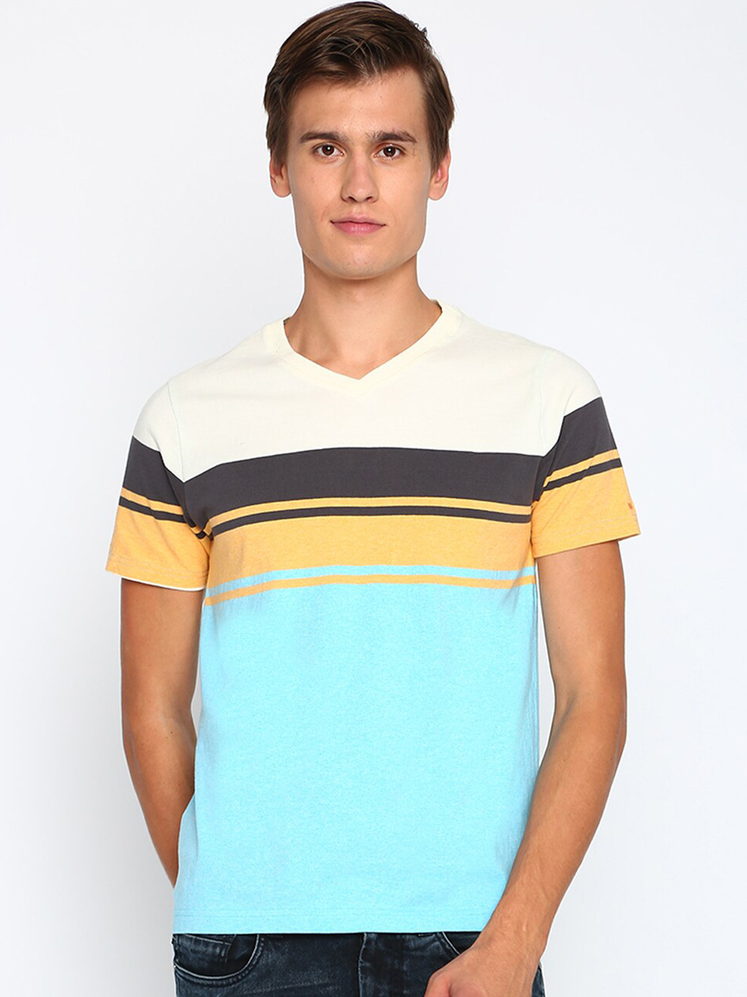 Basics Men Blue Striped V-Neck Slim Fit T-shirt