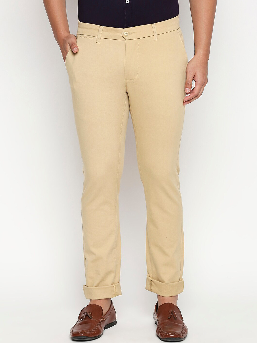 Basics Men Khaki Tapered Fit High-Rise Joggers Trousers