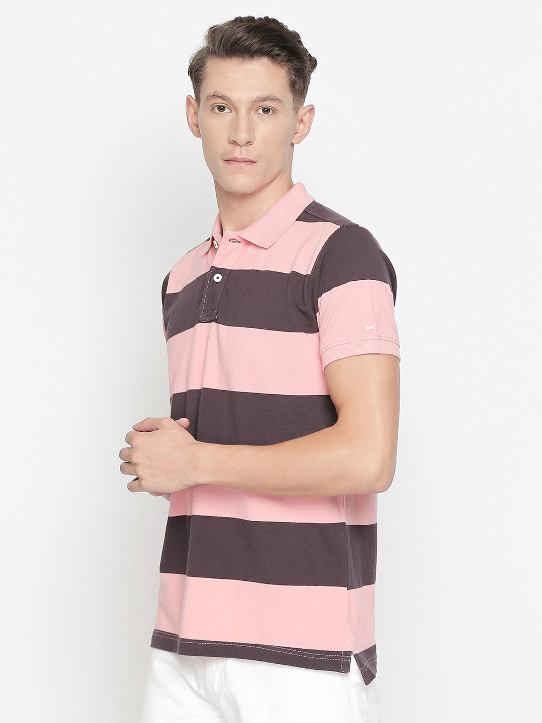 Basics Men Pink & Brown Striped Polo Collar Slim Fit T-shirt