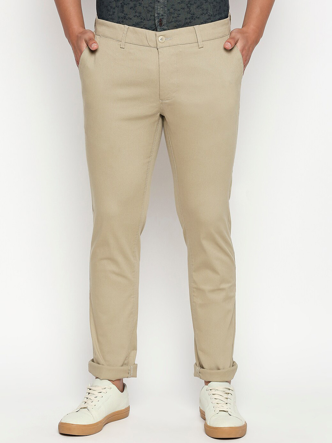 Basics Men Khaki Tapered Fit High-Rise Trousers