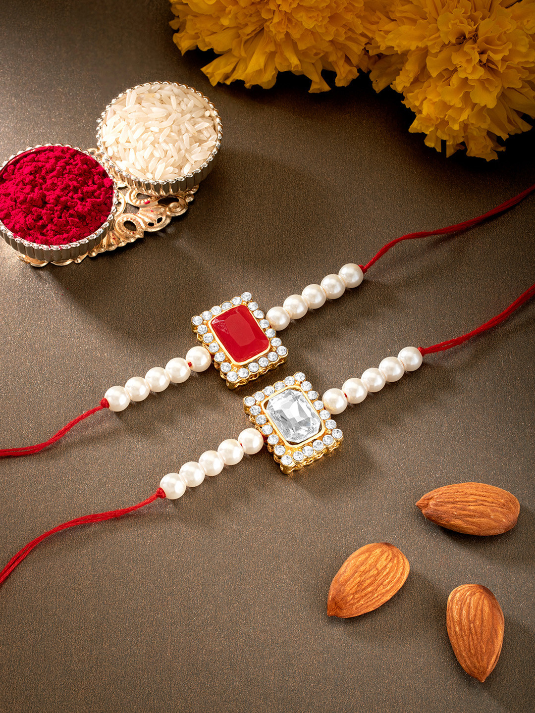 Peora Set of 2 Beaded Rakhi with Roli Chawal & Greeting Card