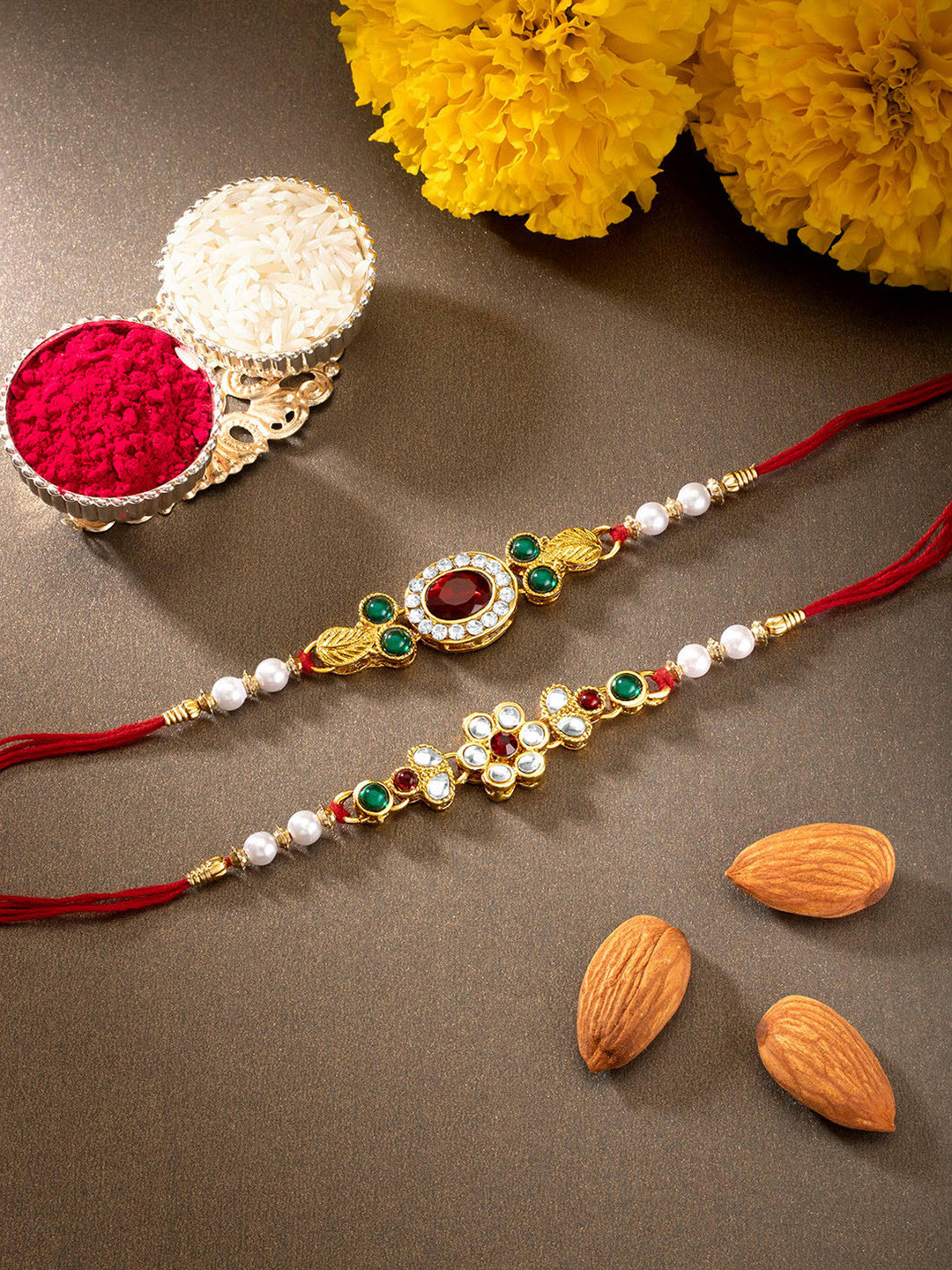 Peora Set of 2 Beaded Rakhi  for Brother with Chawal Roli Greeting Card (Combo ,Pack of 2)