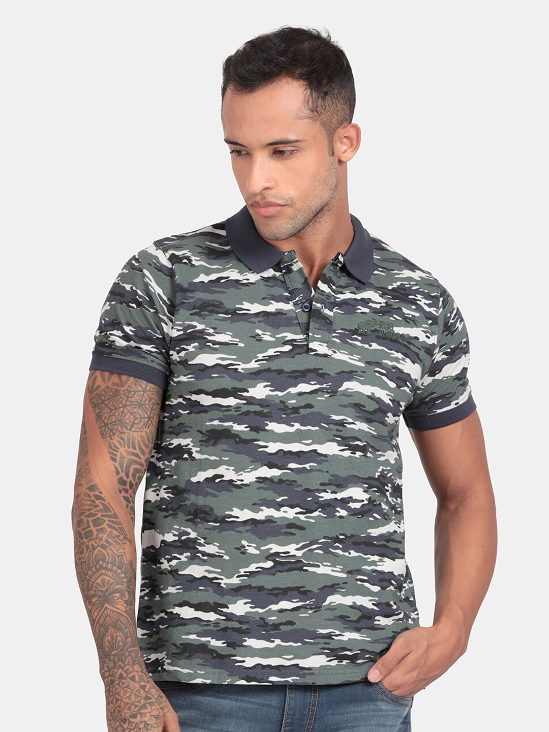 RUG WOODS Men Olive Green & White Camouflage Printed Cotton Polo Collar T-shirt
