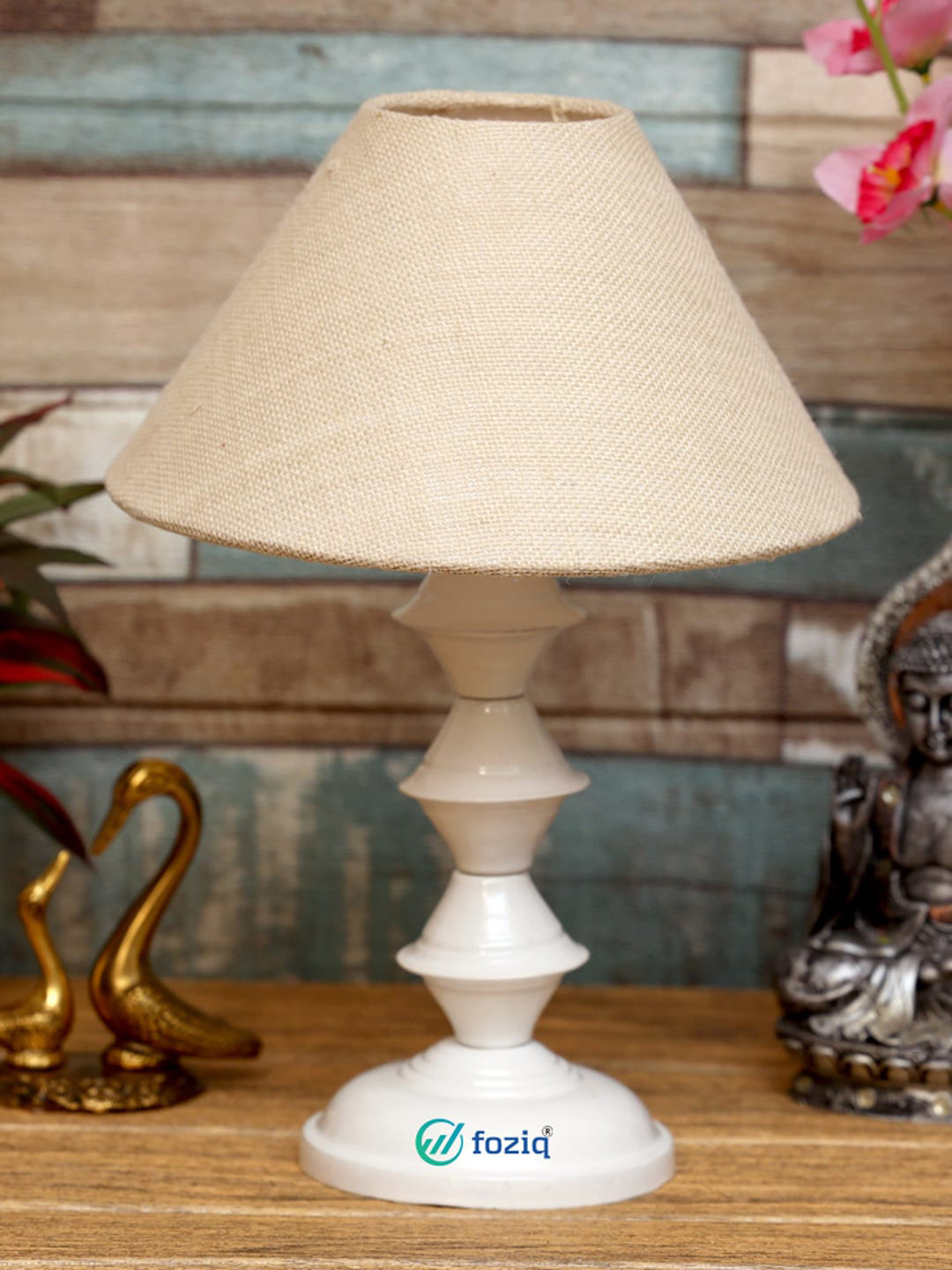 foziq White & Beige Solid Textured Bell Shaped Table Lamp