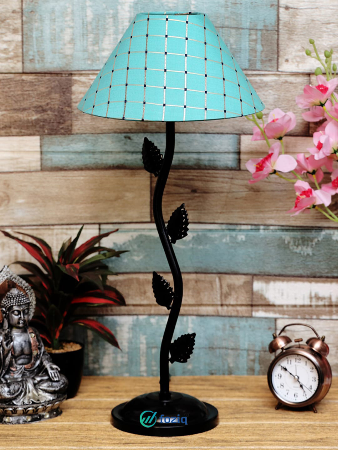 foziq Black & Turquoise Blue Printed Metal Country Table Lamp