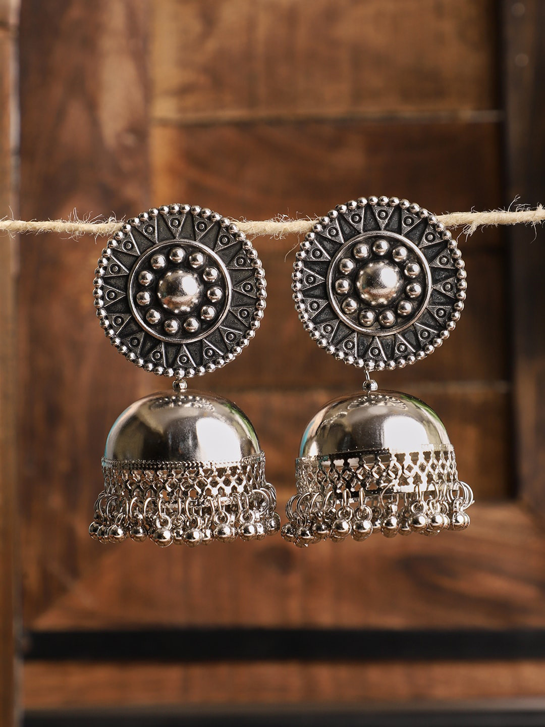 VENI Women German Silver-Toned Circular Jhumkas Earrings