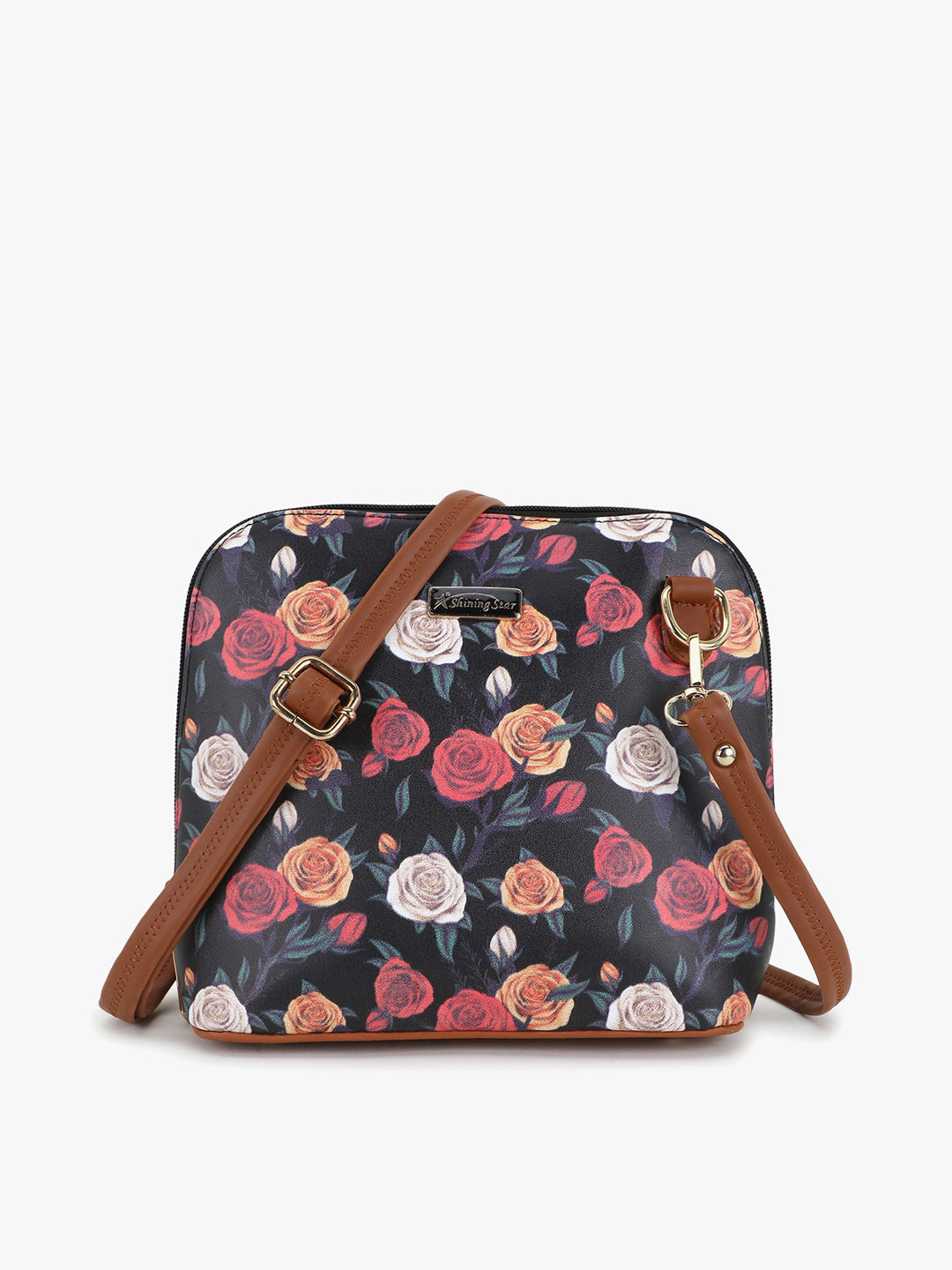 SHINING STAR Black Floral PU Structured Sling Bag