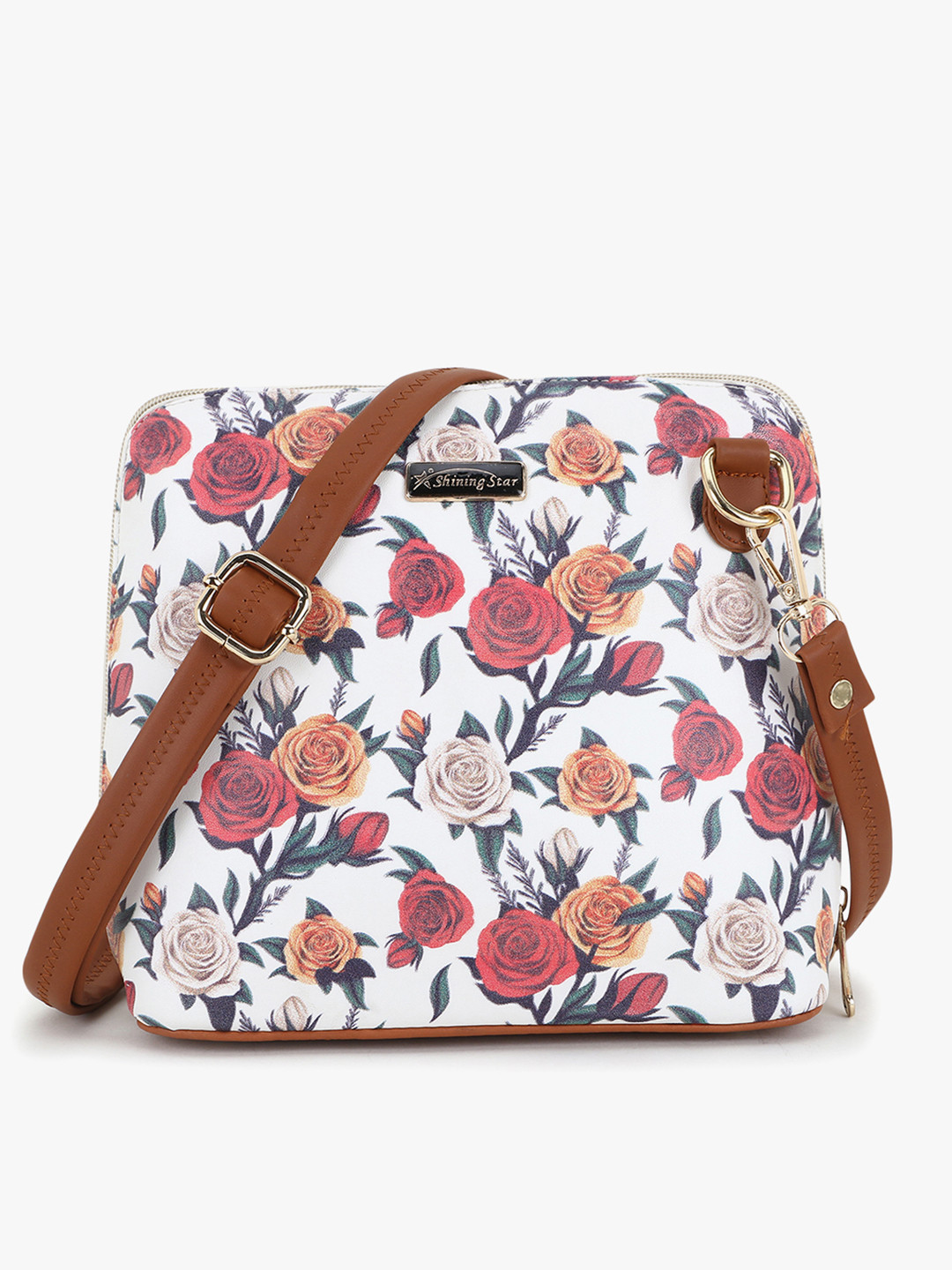 SHINING STAR White Floral Printed PU Bucket Shoulder Bag