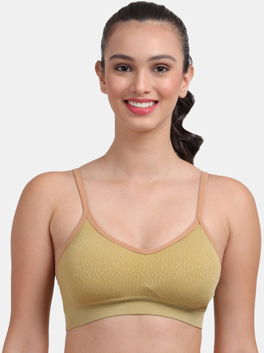 Amour Secret Olive Green & Peach-Coloured Removable Padded Sports Bra