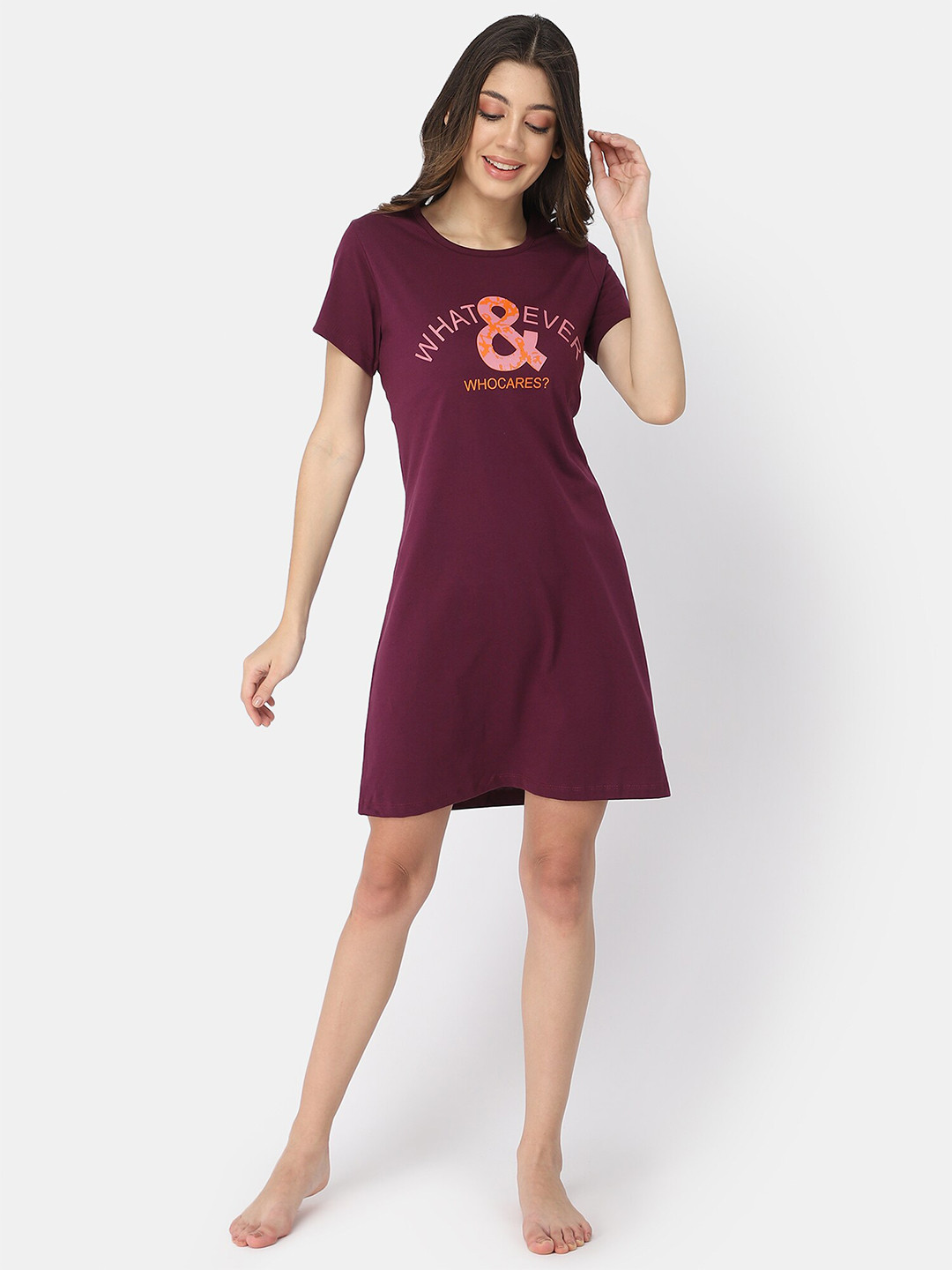 Bell Paper Women Burgundy Printed Nightdress-T16-BURGUNDY_A1-BURGUNDY