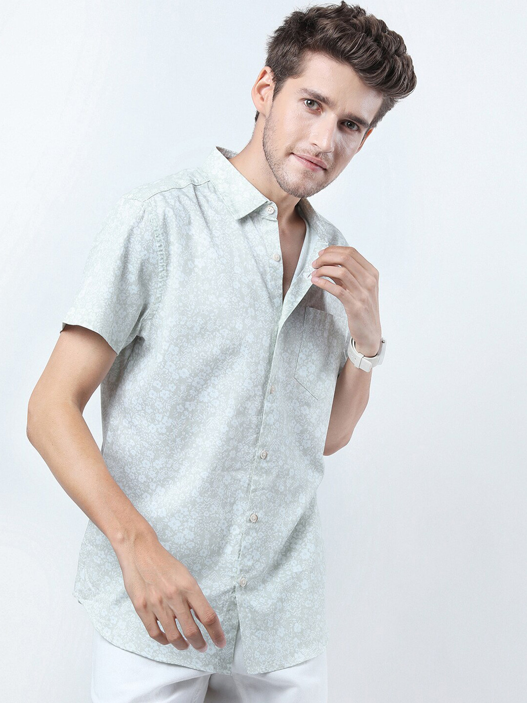 HIGHLANDER Men Sage Green Slim Fit Floral Printed Cotton Casual Shirt