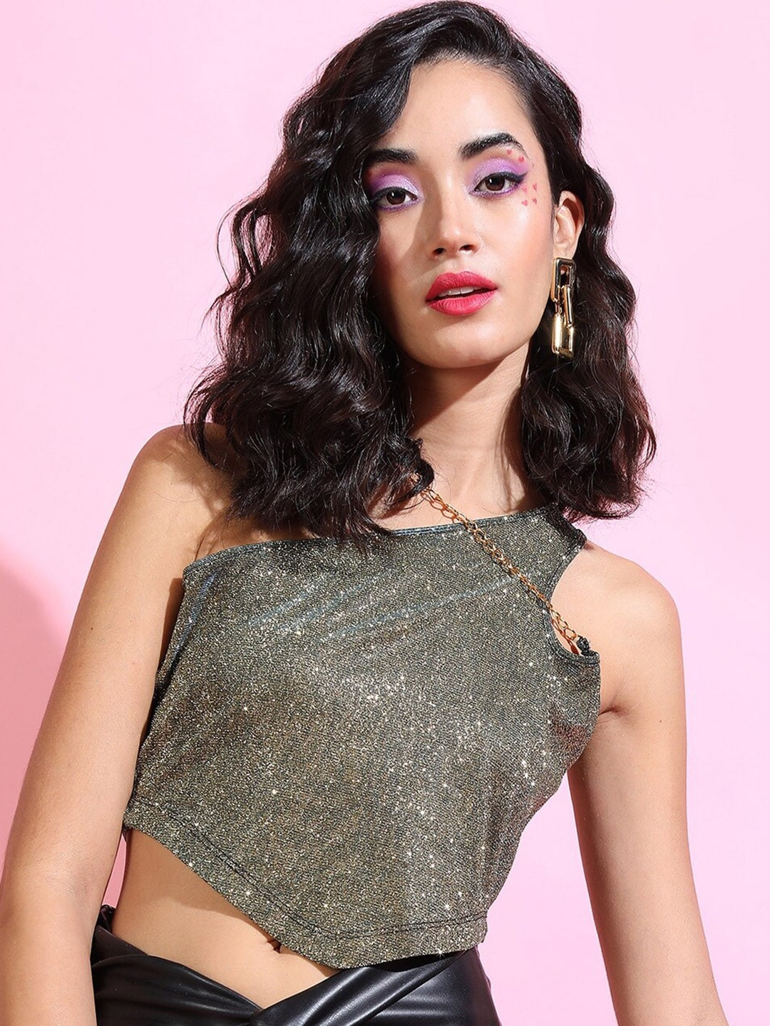Tokyo Talkies Gold-Toned Embellished One Shoulder Crop Top