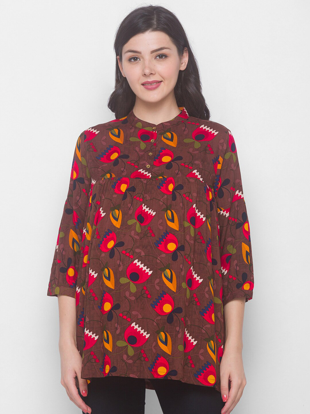AV2 Brown Print Mandarin Collar Top