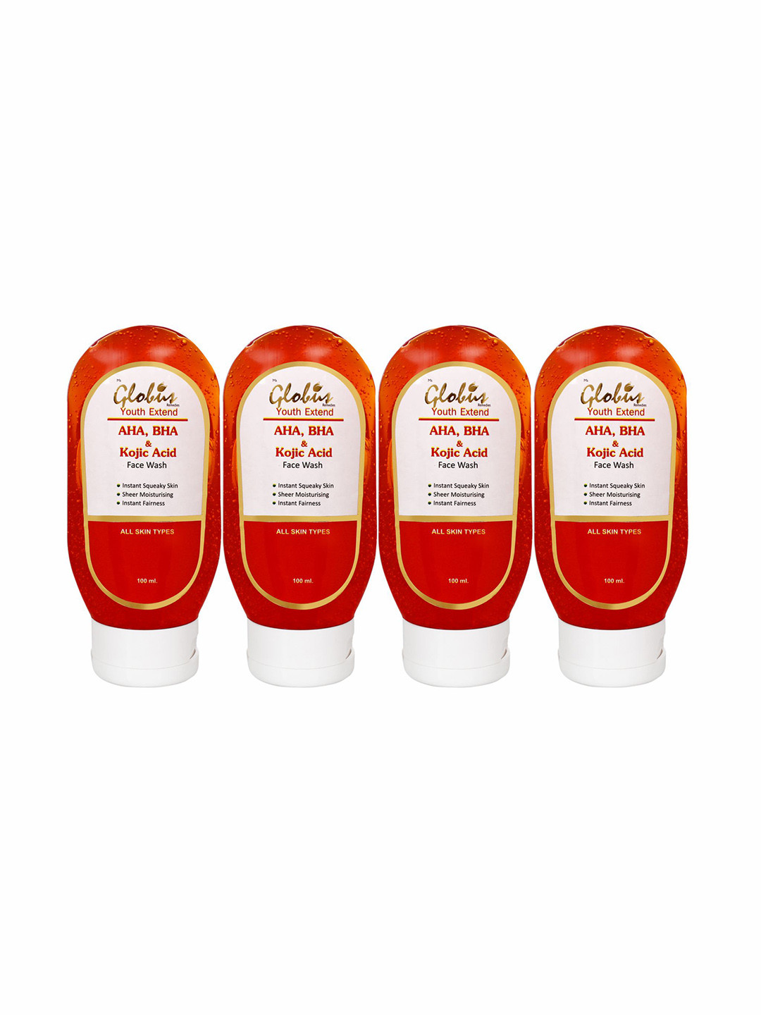 Globus Remedies Set of 4 Youth Extend AHA, BHA & Kojic Acid Face Wash - 100 ml Each