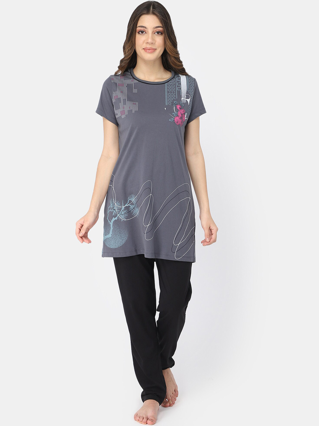 Bell Paper Women Grey & Black Printed Night suit