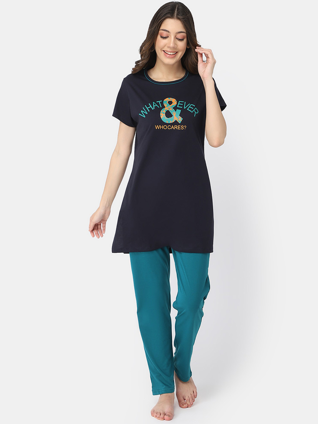 Bell Paper Women Navy Blue & Blue Printed Pure Cotton Night suit