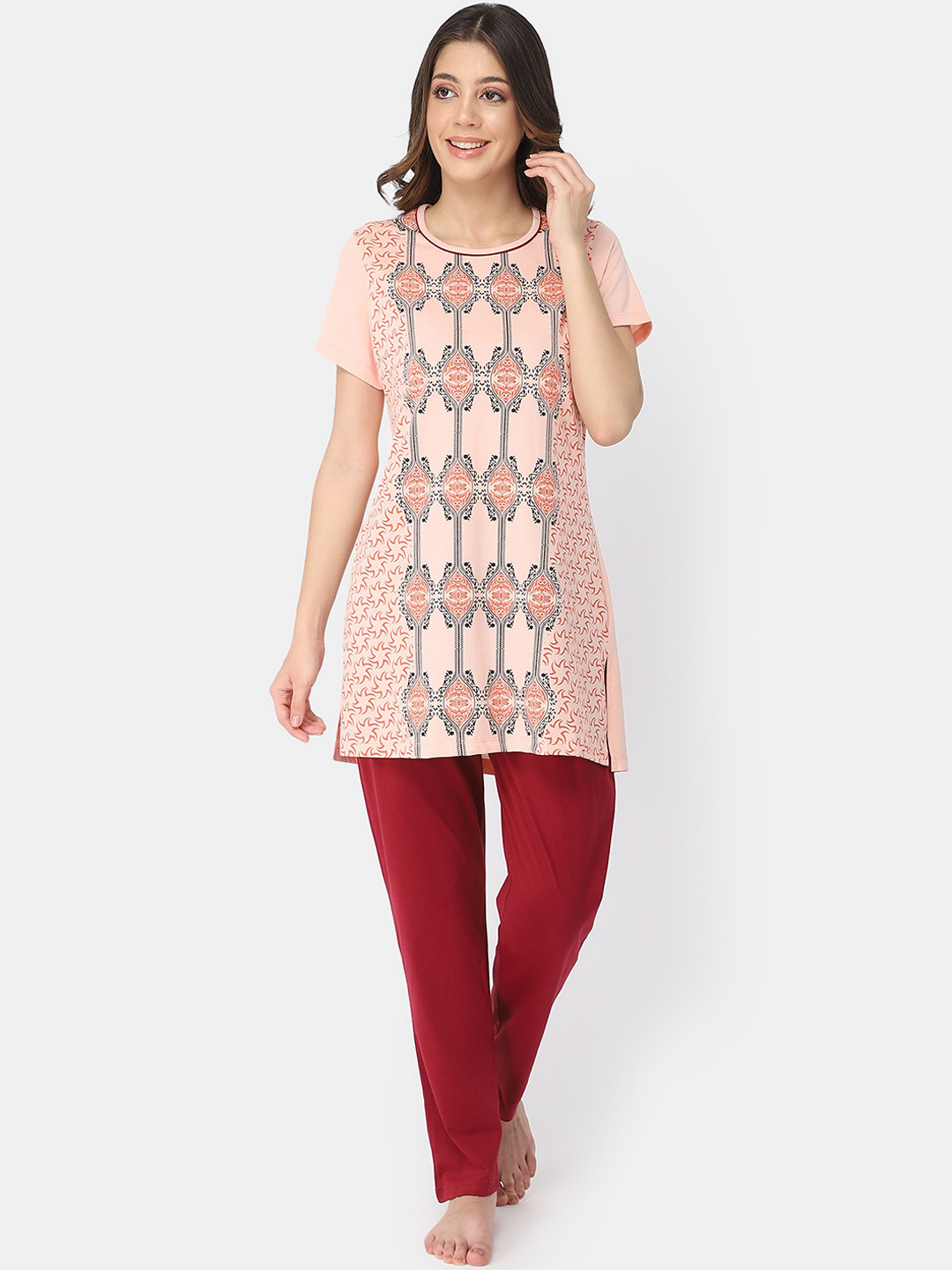 Bell Paper Women Peach-Coloured & Maroon Printed Night suit