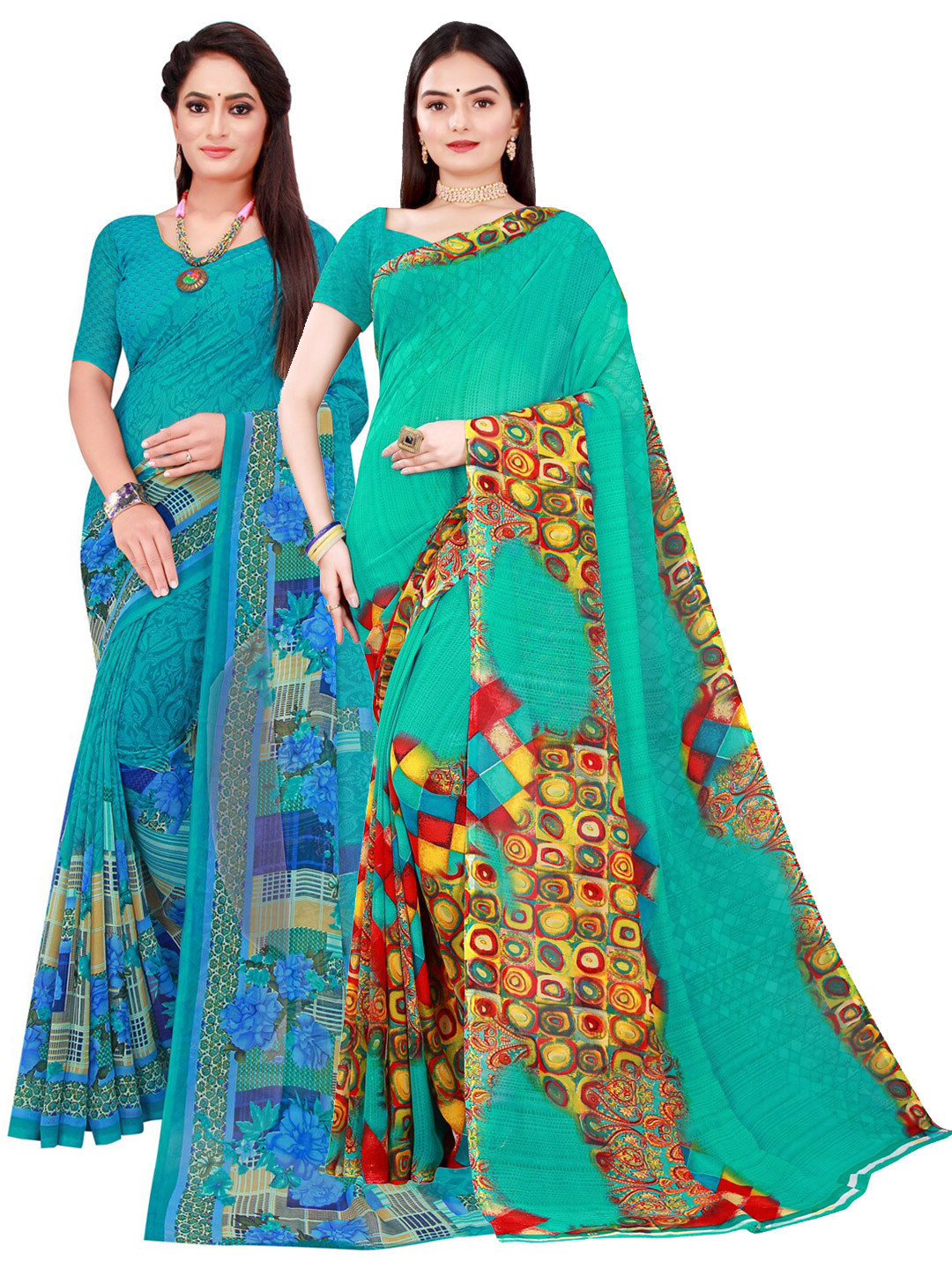 Florence Green & Turquoise Blue Pure Georgette Saree