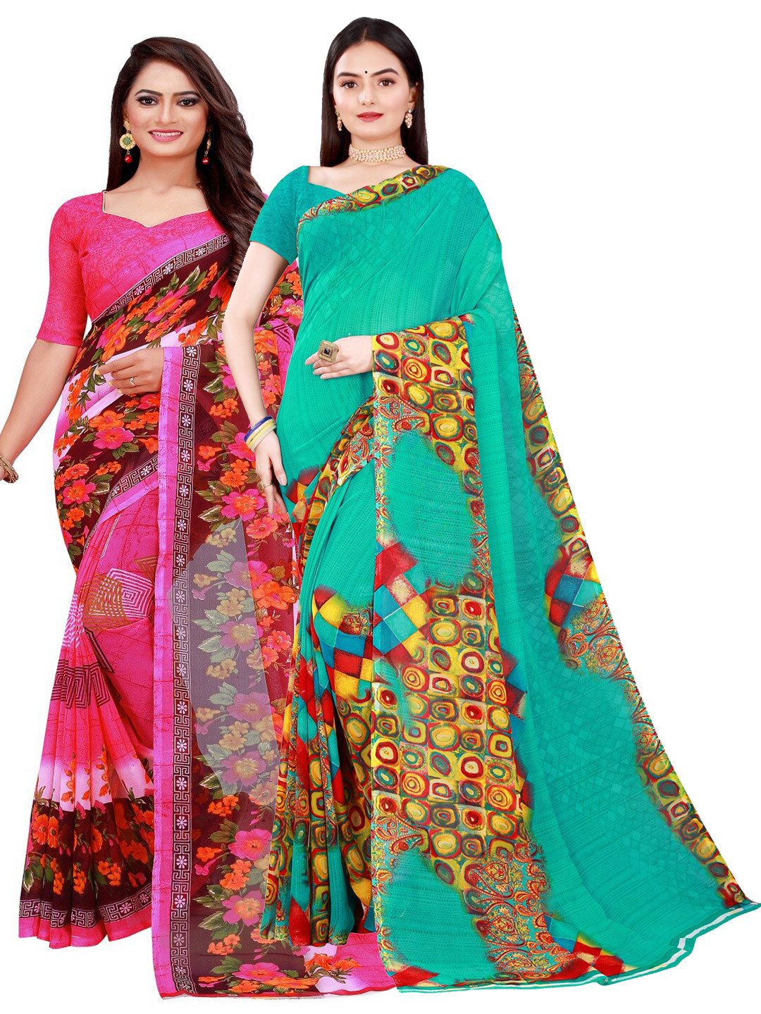 Florence Green & Pink Pure Georgette Saree