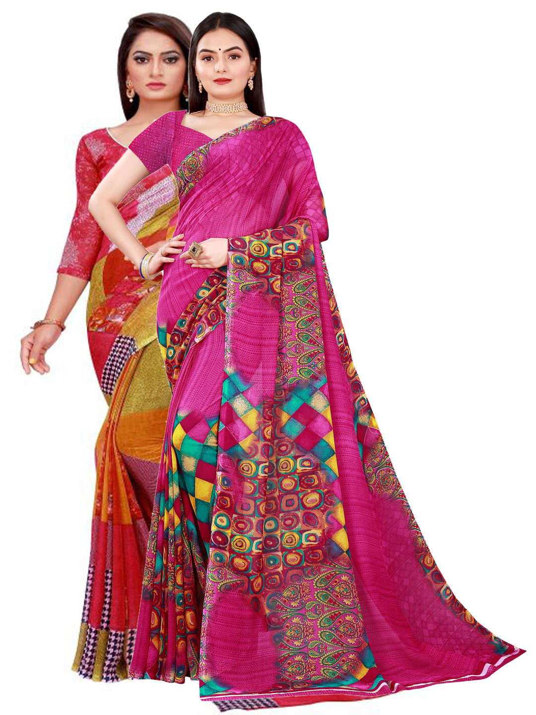 Florence Red & Magenta   Printed Combo Saree With Unstithed Blouse Pure Georgette Saree