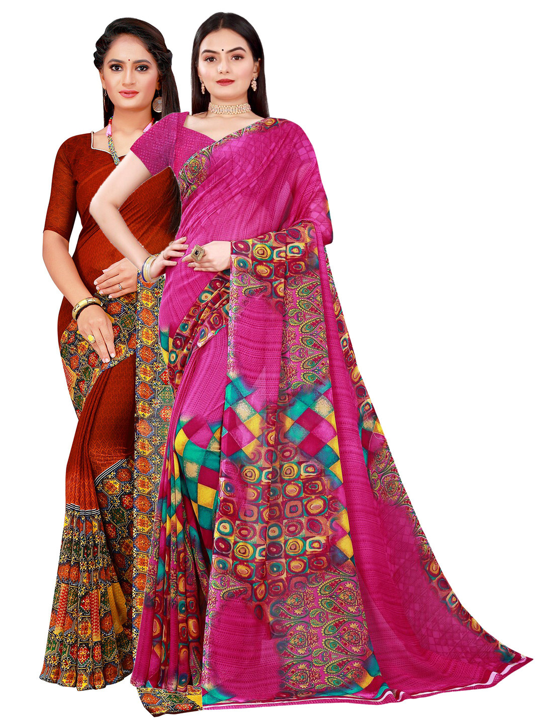 Florence Magenta & Brown Printed Combo Saree With Unstithed Blouse Pure Georgette Saree