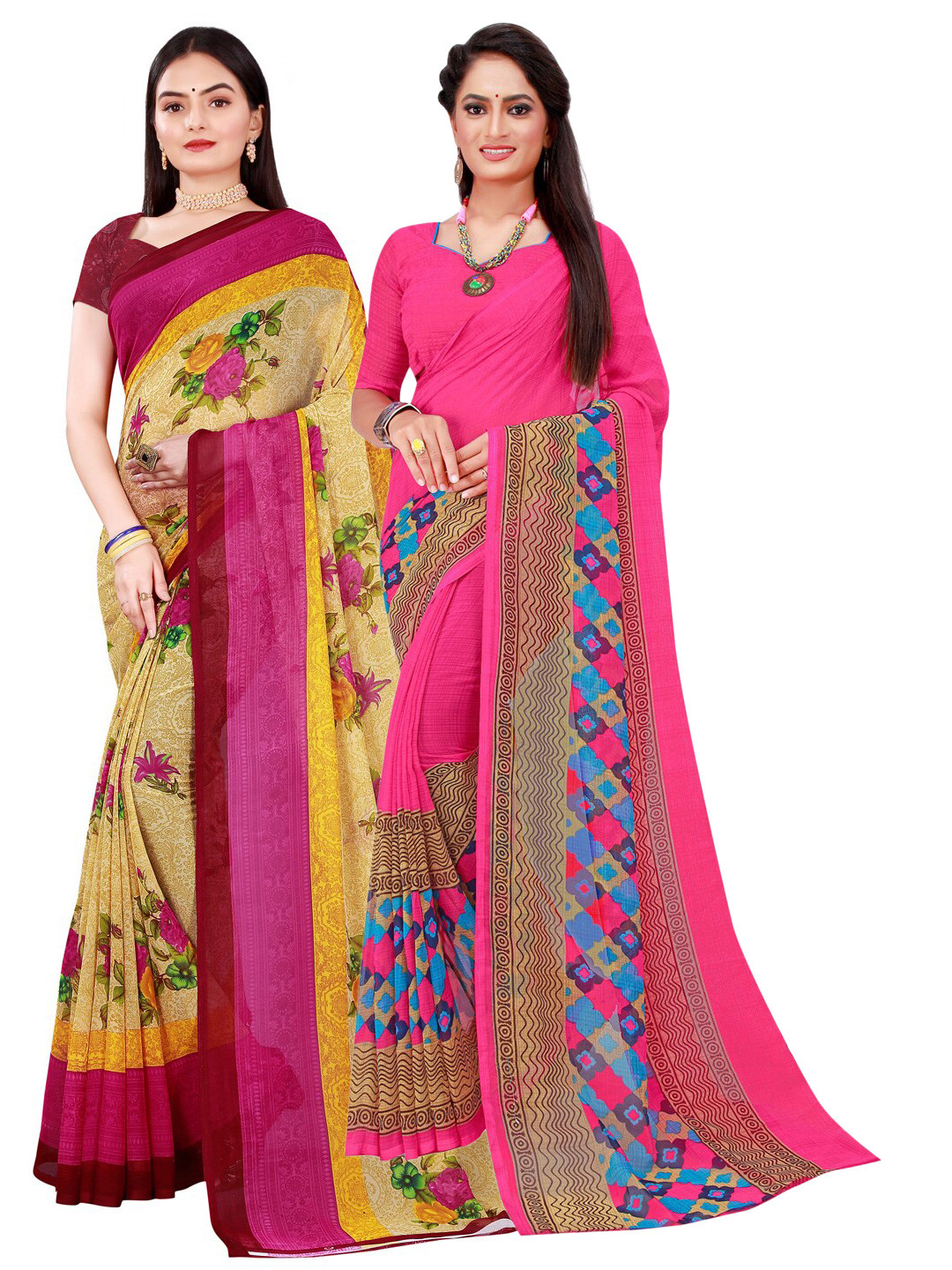 Florence Magenta & Beige Printed Combo Saree With Unstithed Blouse Pure Georgette Saree