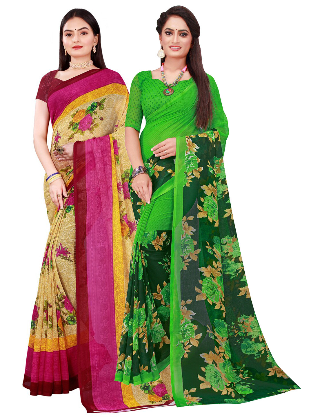 Florence Beige & Green Combo Saree With Unstithed Blouse Pure Georgette Saree