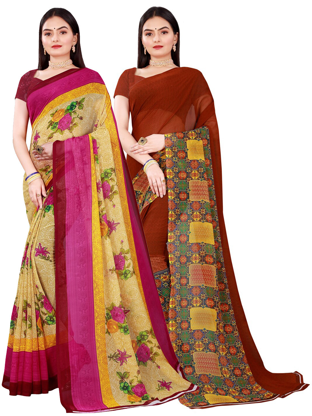 Florence Brown Beige And Pink Pack of 2 Pure Georgette Saree