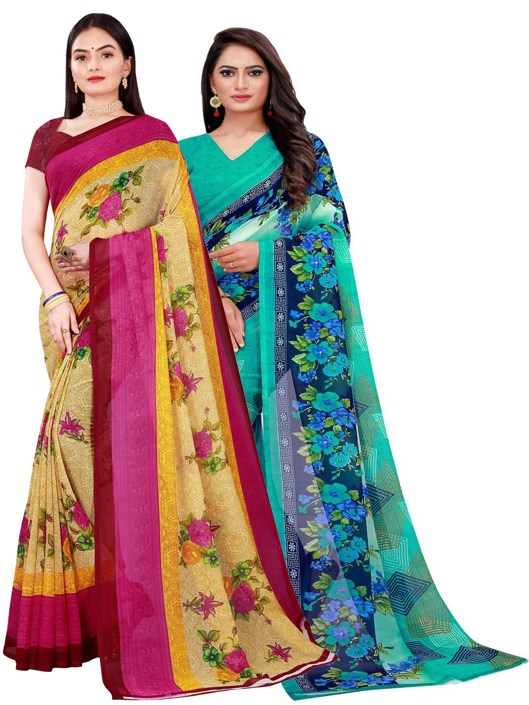 Florence Green Blue & Beige Pink Pack of 2 Floral Pure Georgette Saree