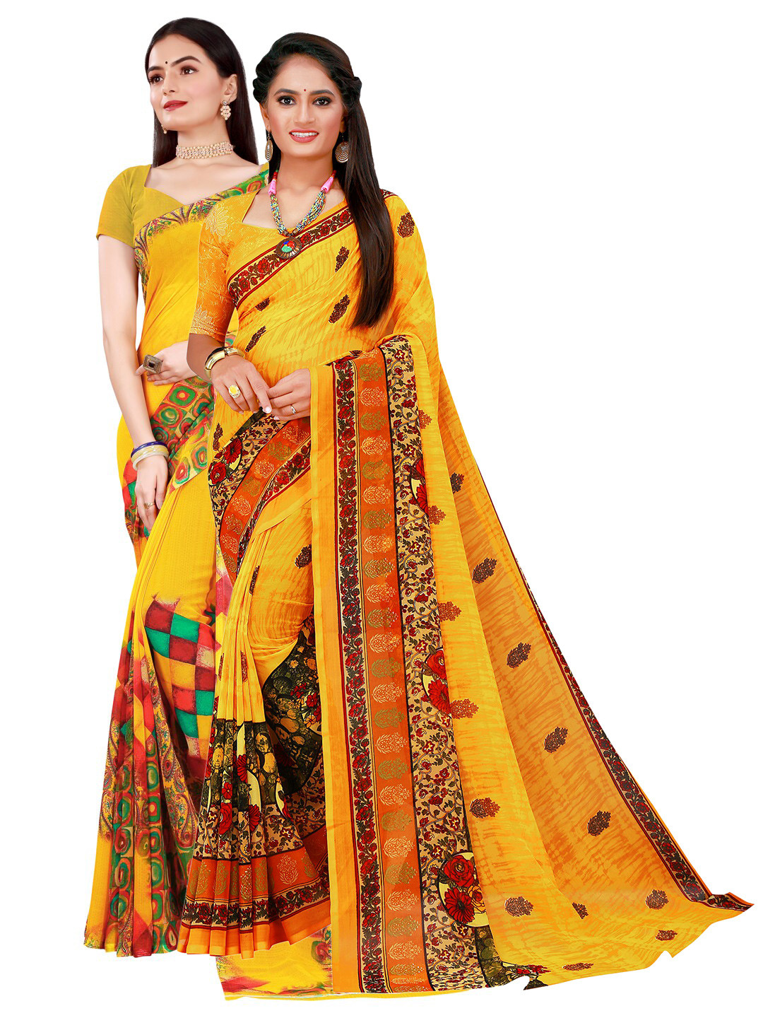 KALINI Yellow Printed Pure Georgette Saree