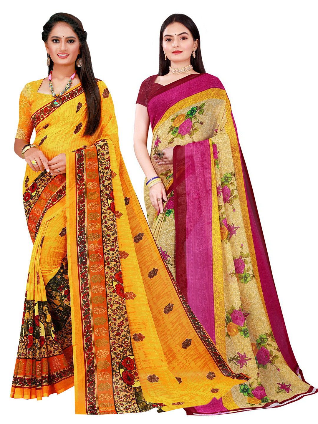 KALINI Pack Of 2 Beige & Yellow Floral Print Pure Georgette Saree