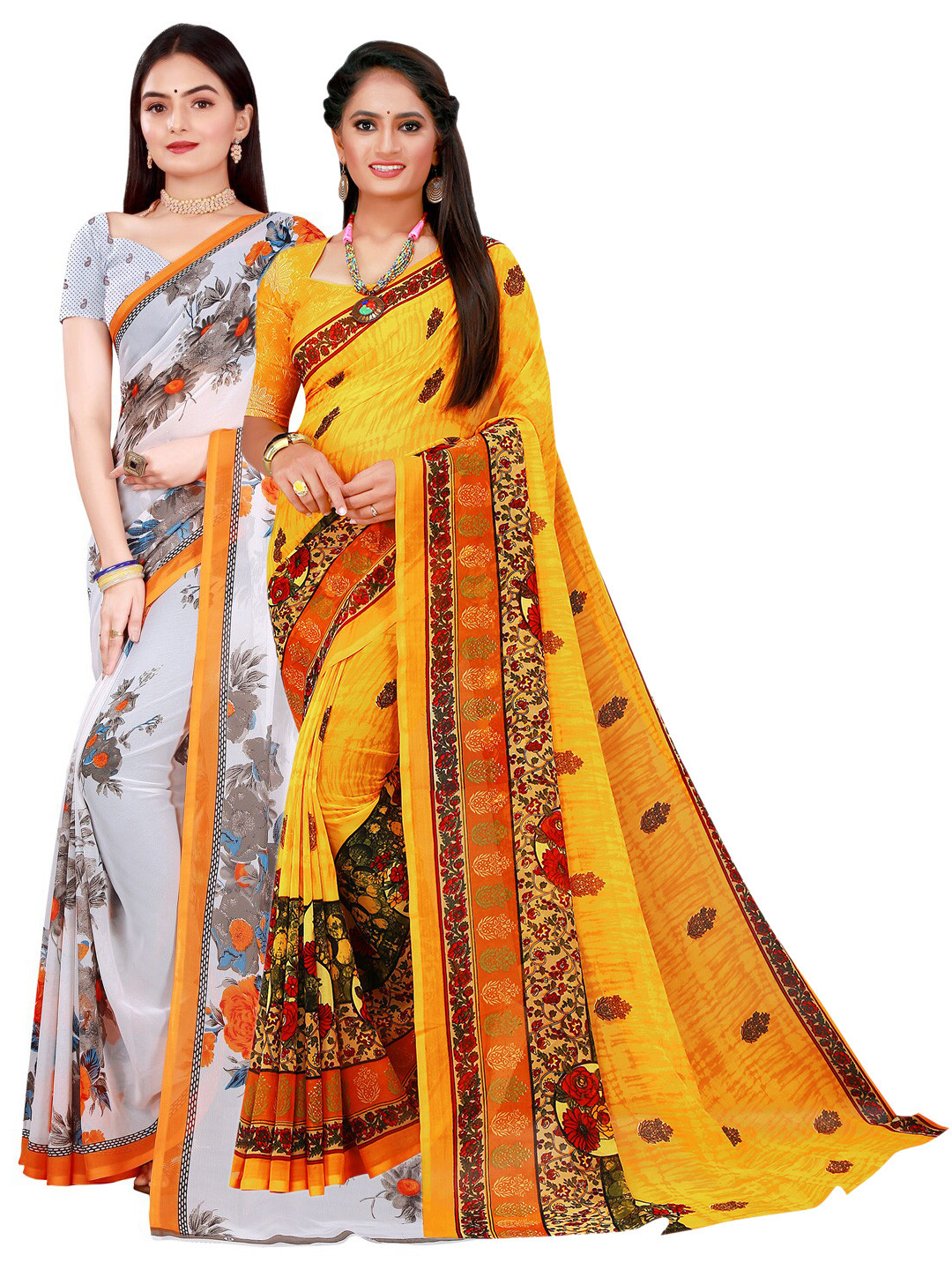 KALINI Yellow And White Printed Combo Pack of 2  With Unstithed Blouse Georgette Saree