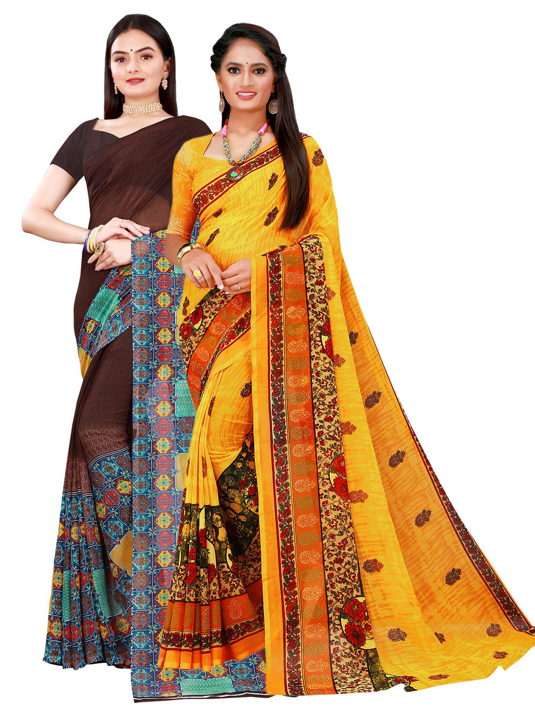 KALINI Set Of 2Brown & Yellow Floral Pure Georgette Saree