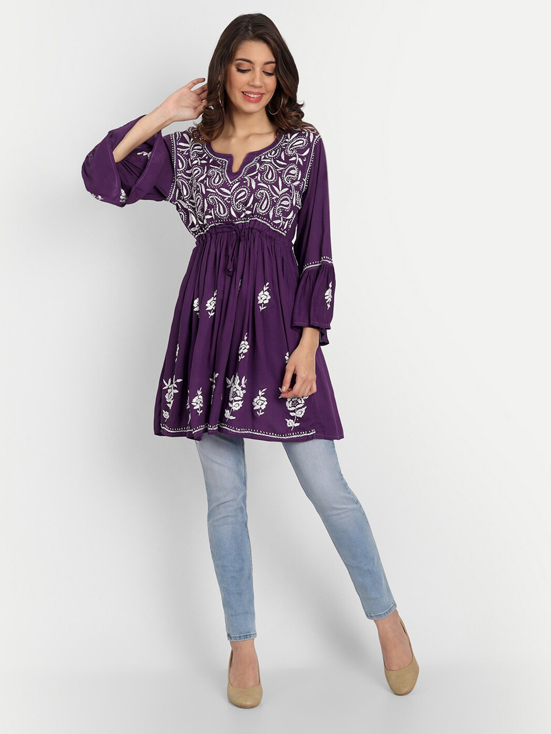 Indiankala4u Women Violet Floral Embroidered V-Neck Thread Work Modal Empire Kurti