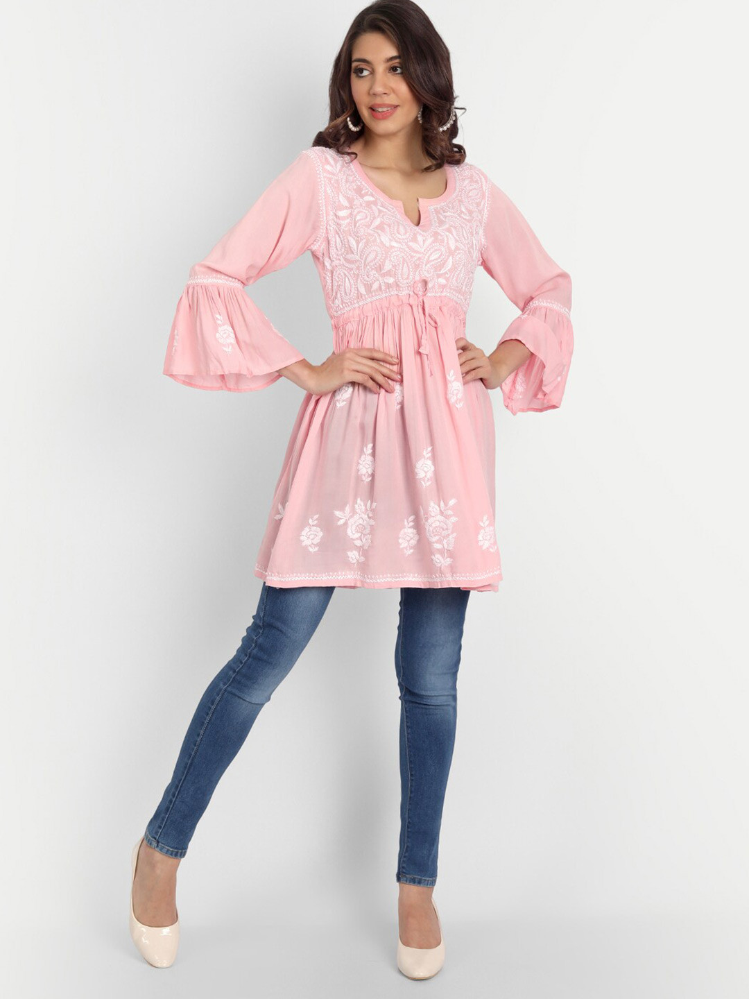 Indiankala4u Women Peach-Coloured Embroidered Anarkali Kurti