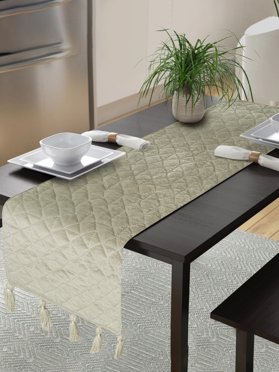 eyda Beige Solid Quilted Table Runner