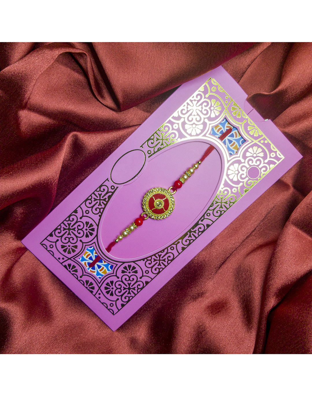 CRAYTON Red Coloured Gold-Toned Beaded Minakari Work Thread Rakhi