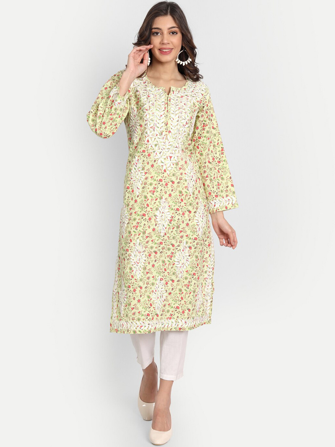 Indiankala4u Women Floral Printed Flared Sleeves Mirror Work Chikankari Kurta