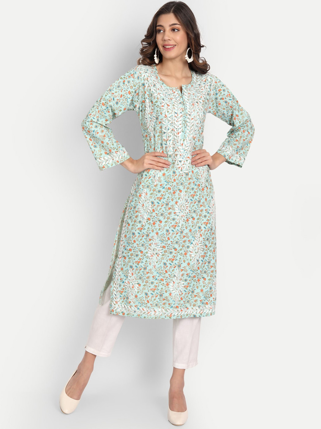 Indiankala4u Chikankari Embroidered Floral Print Kurta