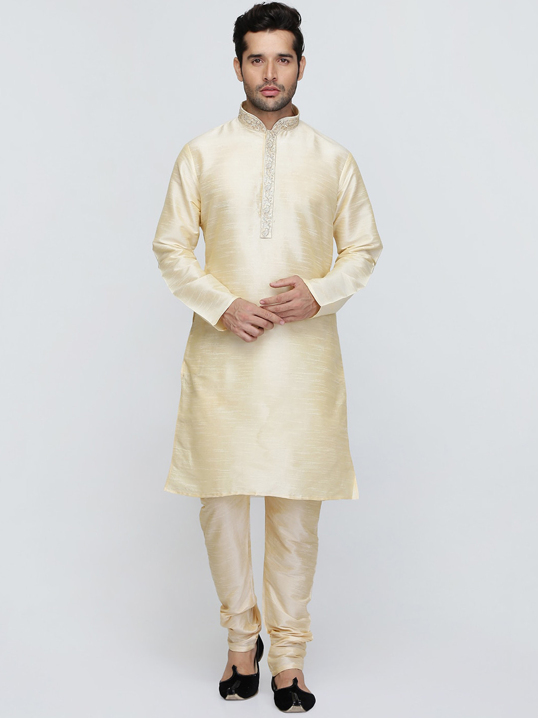 ROYAL KURTA Men Gold-Toned Thread Work Mandarin Collar Kurta